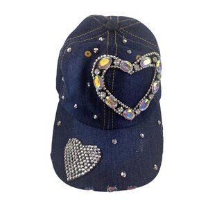Woman Denim Sparkle Hat Rhinestone Heart Bling Embellished Adjustable Frayed Cap